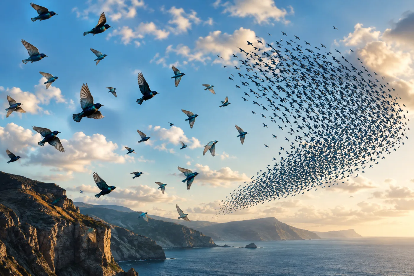 A flock of birds moving in unison in one direction
