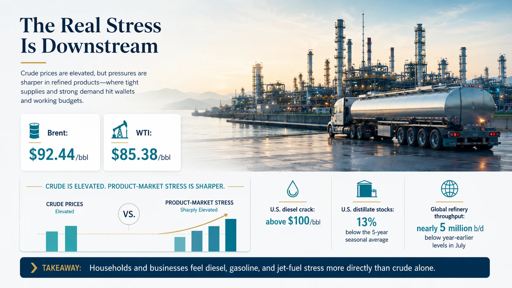 Comparison of crude and refined product price stress: diesel margins above $100 per barrel and distillate inventories 13% below the seasonal average